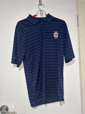 Antigua Navy Striped Polo with Crest